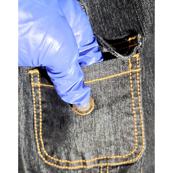 Y2k Denim Cropped Jacket Gold Stitching Ribbed Trim Short Sleeve Moto - Picture 5 of 17